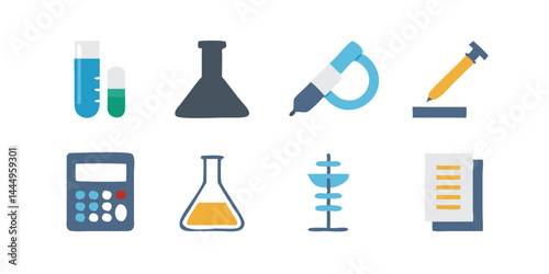 Science and research icon set with microscope, test tube, beaker, lab flask, and medical laboratory equipment
