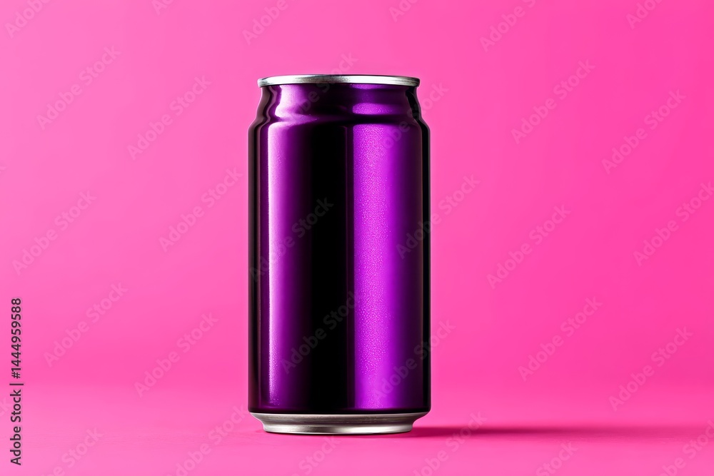 Purple Aluminum Can on Pink Background - A single, sleek purple aluminum can stands against a vibrant pink backdrop. Perfect for beverage or product packaging designs