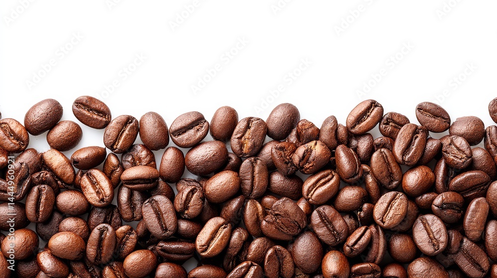 Fototapeta premium Roasted Coffee Beans Border on White - Aromatic coffee beans, rich brown color, scattered border, invigorating energy, perfect caffeine boost