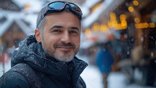 Smiling man in ski gear in snowy town photo