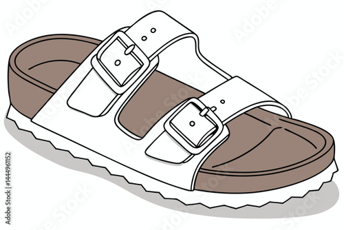 101 Birkenstock-style sandal, single strap, brown leather, cork footbed, silver buckle, minimalist design, studio lighting, white background, high-resolution product photography, overhead view, crisp 
