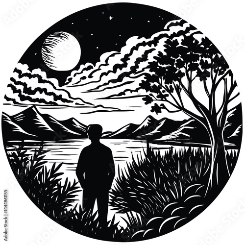 Monochrome Silhouette Figure Gazing at Lake Surrounded by Nature Under Moonlight Sky