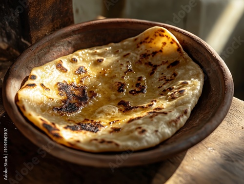 Freshly made tandoori naan rests in a traditional bowl beside a warm hearth in a cozy kitchen