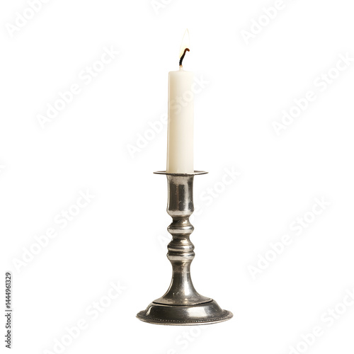 Classic silver candlestick with taper candle suitable for interior decoration and historical ambiance projects isolated on transparent background