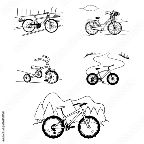 Bicycles of different types, mountain, fatbike, children's, women's, road bikes. Set of vector cartoon line art sketches in doodle style