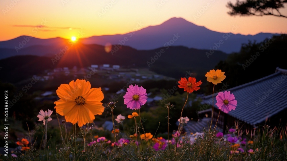 Obraz premium Beautiful colorful flowers blooming against a majestic mountain sunset