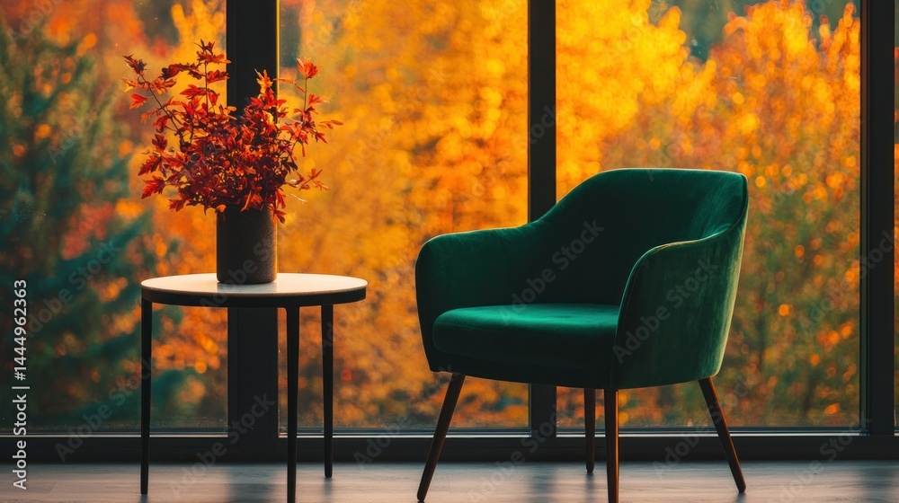 Fototapeta premium A modern room with fall foliage viewed through window