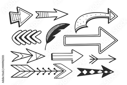 Vector hand drawn arrow icon set Grunge marker line scribbles Handmade curve brush strokes