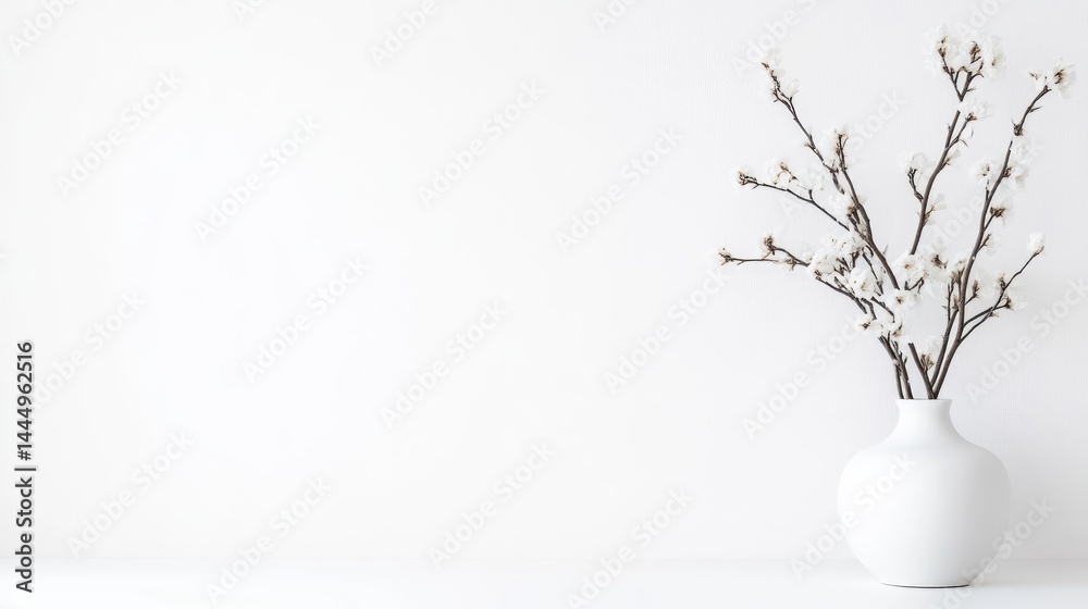 Simple spring arrangement. A minimalist, elegant display of delicate white blossoms in a simple white vase against a clean white background. The soft muted tones create a serene aesthetic Simple spring arrangement. A minimalist, elegant display of delicate white blossoms in a simple white vase against a clean white background. The soft muted tones create a serene aesthetic