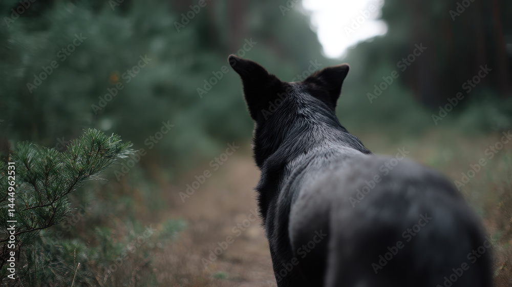 Fototapeta premium Black dog leading way through dense forest path