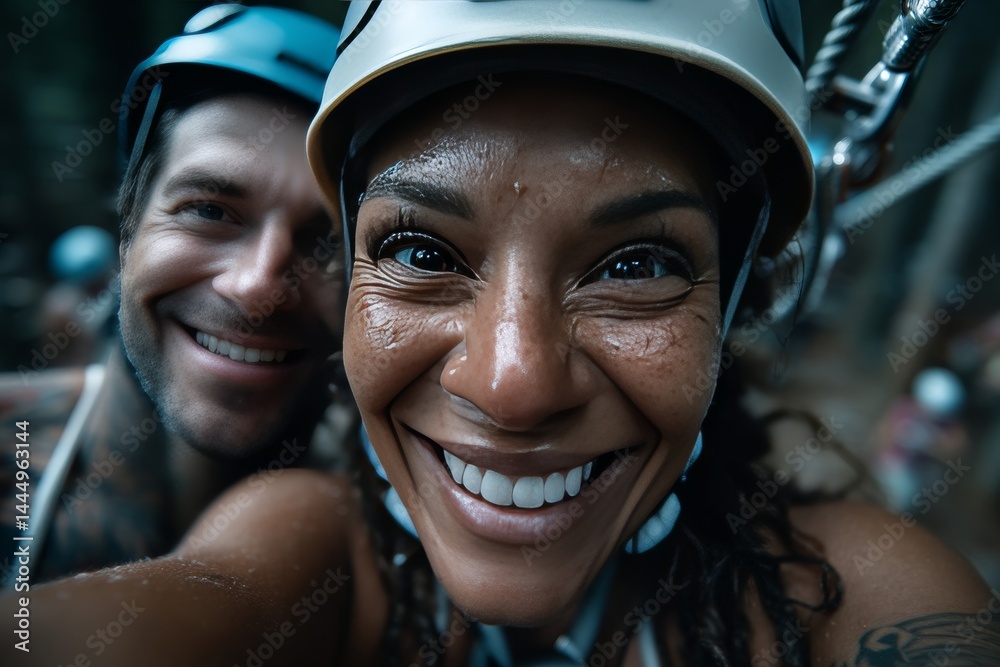 Fototapeta premium Friends enjoying a thrilling ziplining adventure through a beautiful forest