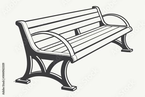 102 Long minimalist bench, sleek modern design, dark metal frame, light wooden seat, horizontal lines, architectural seating, public space furniture, contemporary urban aesthetic, monochromatic palett