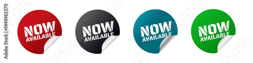 Now Available – glossy stickers: red, black, blue, green – vector illustration