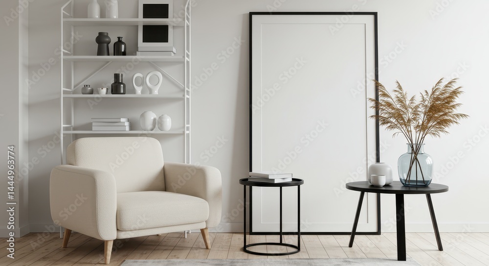 Fototapeta premium Interior of a modern living room with armchair, shelving and blank frame