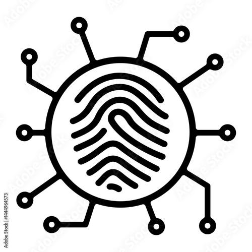 Fingerprint enclosed in a circular frame of circuit board lines. Cybersecurity Concept