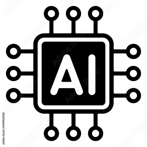 Minimal AI Chip with Circuit Lines. Black and white vector illustration