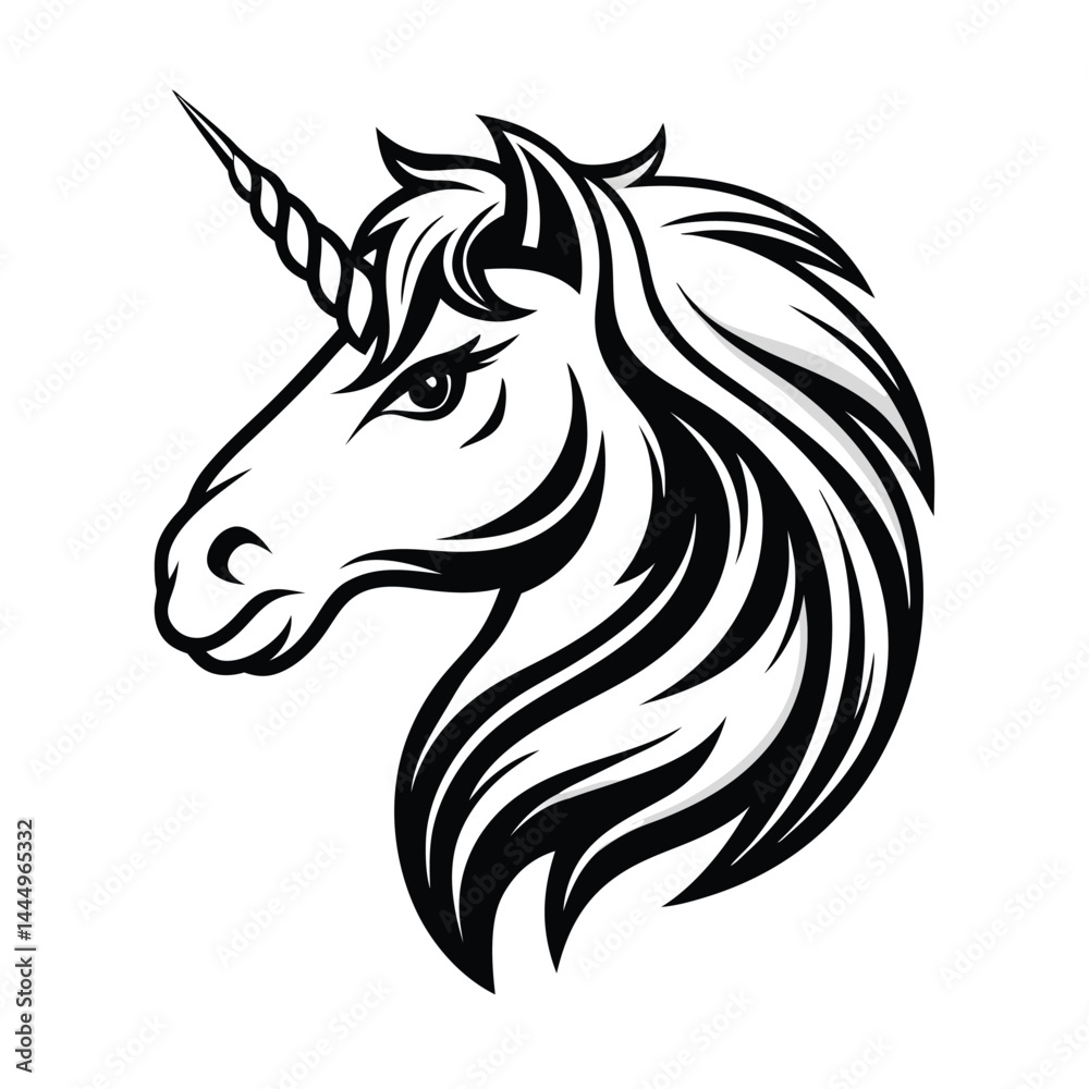 Stylized Black and White Unicorn Head with Intricate Mane, Horn Design on White Stylized Black and White Unicorn Head with Intricate Mane, Horn Design on White