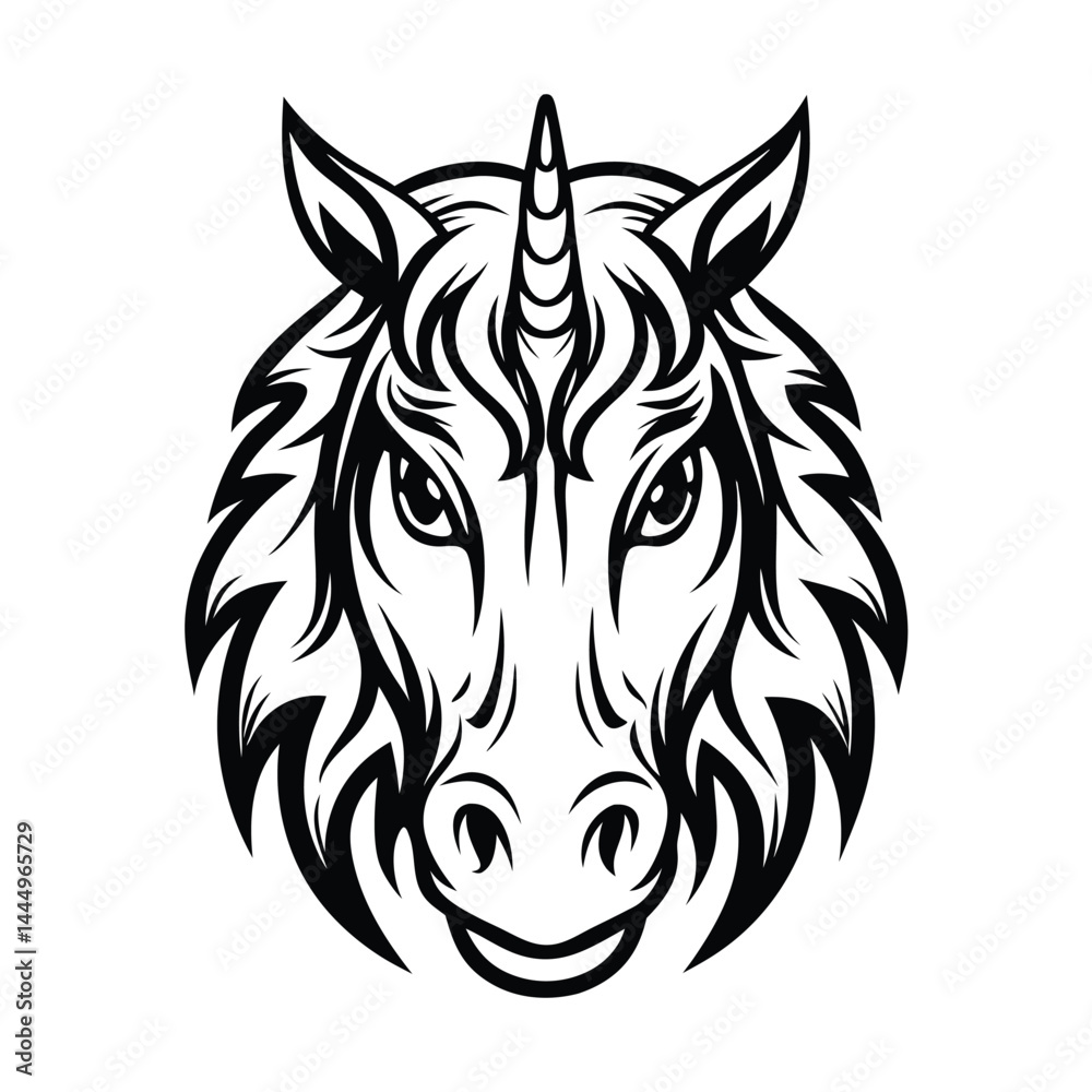 Fototapeta premium Unicorn Head Front View with Bold Black Outline Isolated on a White Background