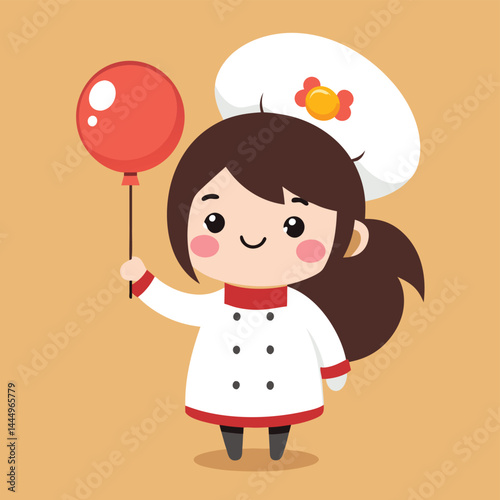 Discover the charm of this mascot design featuring a cute girl chef holding a balloon. Perfect for culinary-themed projects, children's illustrations, and playful designs, this character adds a touch 