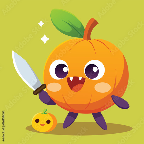 Enjoy this charming cartoon illustration featuring a cute pumpkin character slicing fruit with a knife. Ideal for autumn-themed designs, food illustrations, or adding a playful touch to any project. T