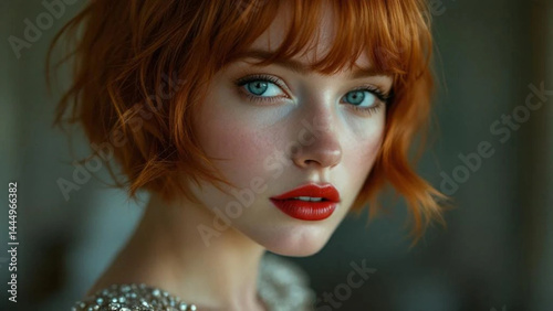 Obraz na płótnie Beautiful gingerhead woman with red lips. Close up. w salonie