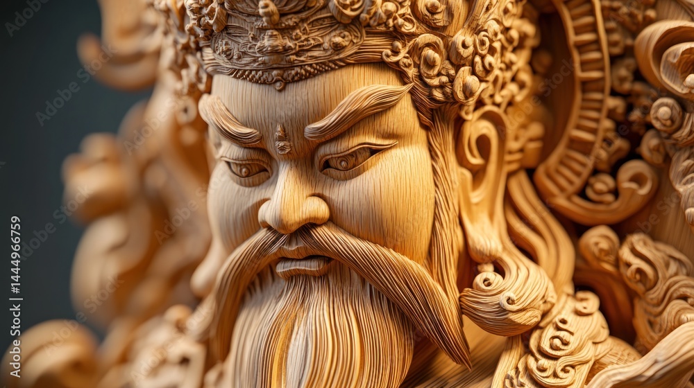 Obraz premium Detailed close-up of a carved wooden deity, intricate facial features, elaborate headdress, and ornate details