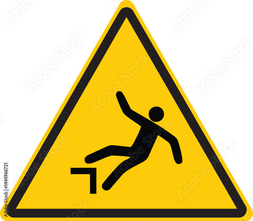 triangular warning sign with pictogram of person slipping off a step indicating falling hazard