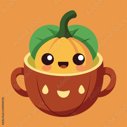 Discover a charming illustration featuring a cute pumpkin character sitting inside a cup. Perfect for autumn-themed designs, this cartoon illustration brings warmth and whimsy to any project. Ideal fo