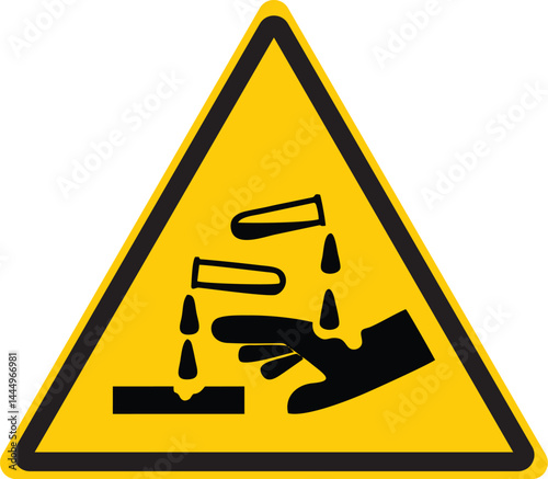 warning sign with corrosive substance symbol showing liquid damaging a hand and material