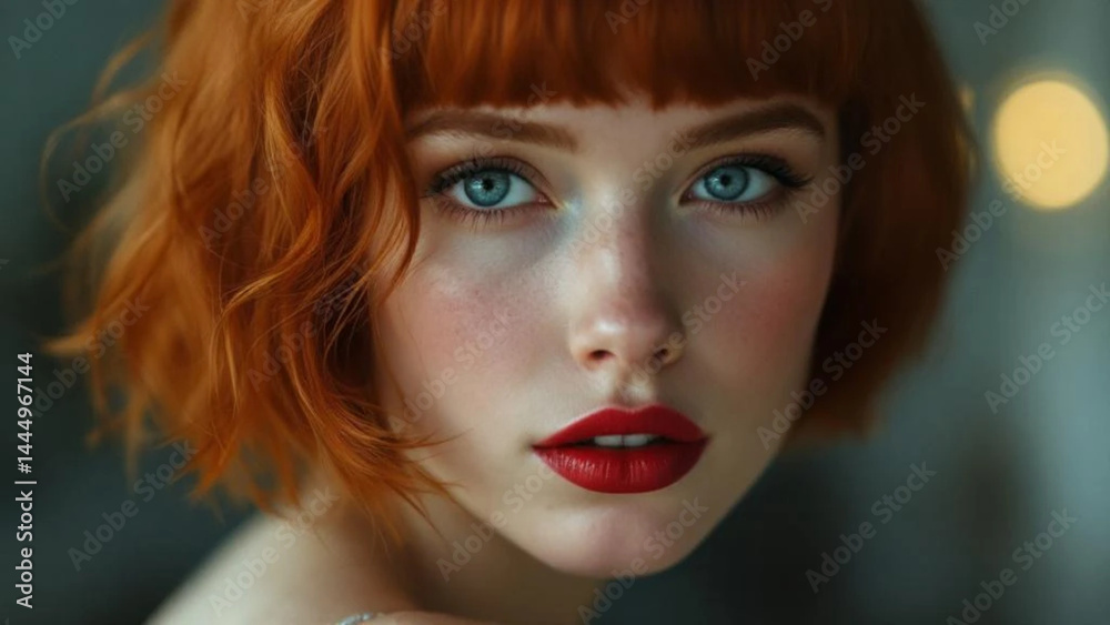 Beautiful gingerhead woman with red lips. Close up.