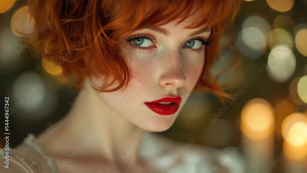 Beautiful gingerhead woman with red lips. Close up.