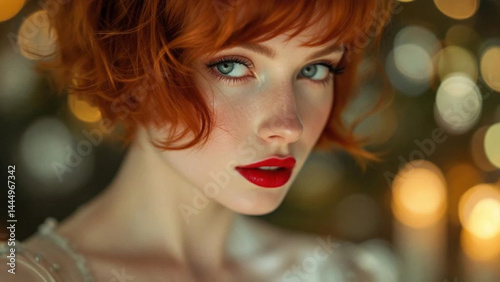 Obraz na płótnie Beautiful gingerhead woman with red lips. Close up. w salonie