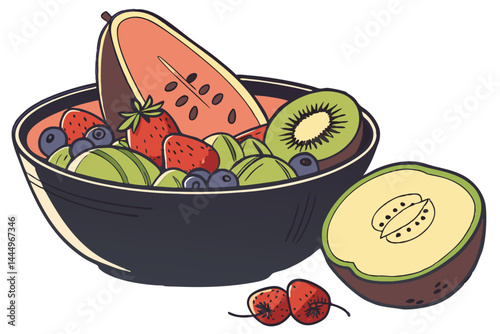 104 colorful fresh fruit bowl, vibrant assorted fruits, dark ceramic bowl, white background, high contrast, studio lighting, realistic textures, food photography, healthy eating, still life, 4K resolu