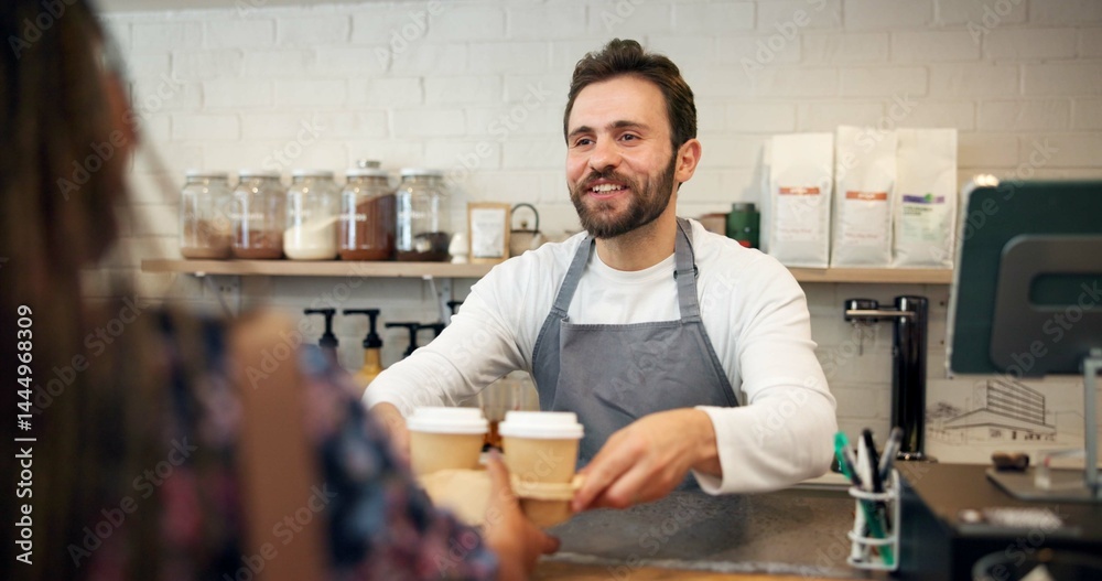 Coffee order, barista and customer with service, takeaway and friendly with delivery. People, man and woman in cafe, cappuccino or conversation with smile, waiter and startup with sales in restaurant Coffee order, barista and customer with service, takeaway and friendly with delivery. People, man and woman in cafe, cappuccino or conversation with smile, waiter and startup with sales in restaurant