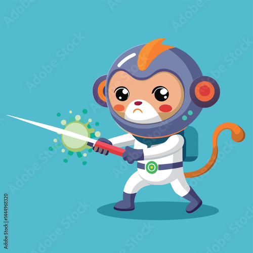 Witness the adventurous scene of a cute monkey astronaut wielding a laser sword to battle viruses. Perfect for health-themed projects, children's illustrations, and imaginative designs, this character