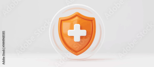 3D Render Orange Shield with White Cross Medical Icon