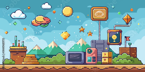 Retro pixel art gaming background with coins, platforms, and clouds