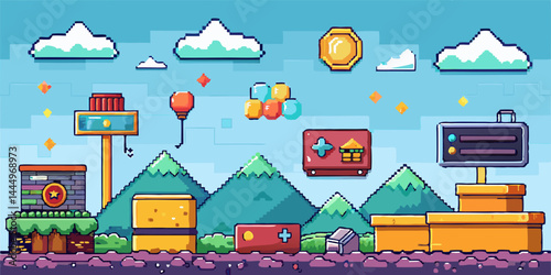Retro pixel art gaming background with coins, platforms, and clouds