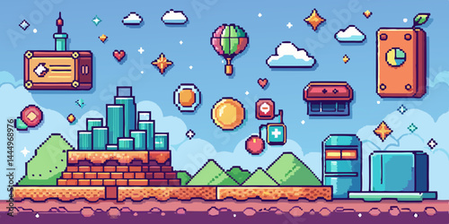 Retro pixel art gaming background with coins, platforms, and clouds