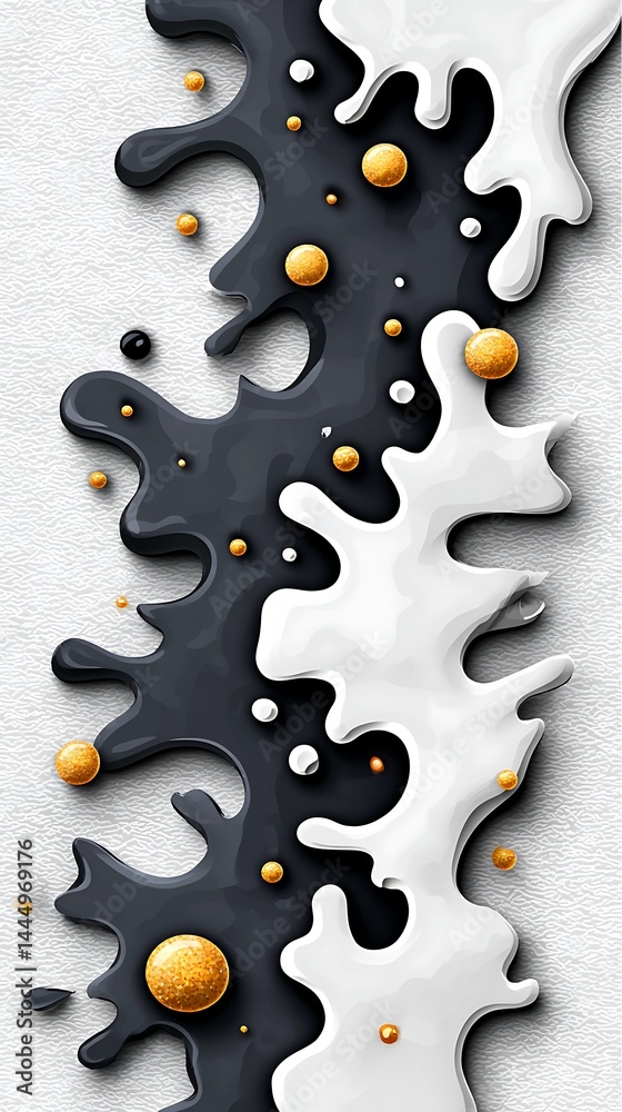 Fototapeta premium An abstract design featuring splashes of black and white with golden spheres, creating a dynamic visual contrast and modern aesthetic.