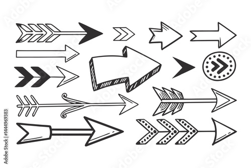 Vector hand drawn arrow icon set Grunge marker line scribbles Handmade curve brush strokes