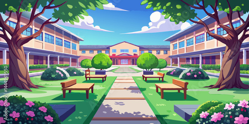 アニメ学校の中庭には緑の芝生、ベンチ、そして花が咲き誇り、日常生活のロマンスを演出します。