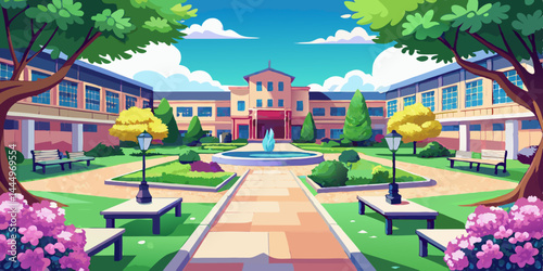アニメ学校の中庭には緑の芝生、ベンチ、そして花が咲き誇り、日常生活のロマンスを演出します。