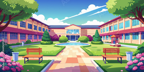アニメ学校の中庭には緑の芝生、ベンチ、そして花が咲き誇り、日常生活のロマンスを演出します。