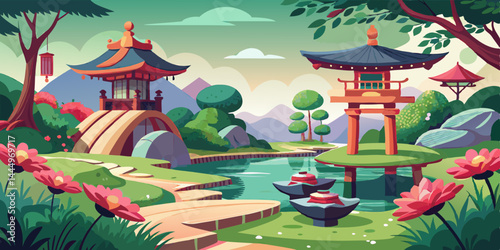 鯉の池、石灯籠、盆栽が配置された、穏やかなアニメ風の伝統的な日本庭園。