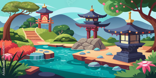 鯉の池、石灯籠、盆栽が配置された、穏やかなアニメ風の伝統的な日本庭園。