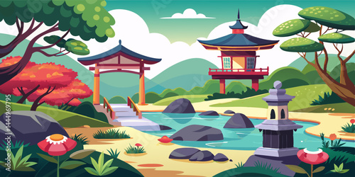 鯉の池、石灯籠、盆栽が配置された、穏やかなアニメ風の伝統的な日本庭園。