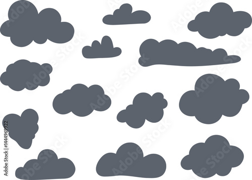 Set of cloud shapes, dark storm clouds in hand drawn, doodle style. Suitable for weather designs, stickers, print and digital decoration. White background.