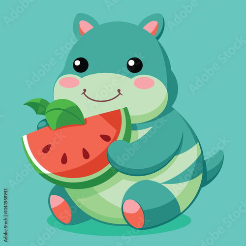 Discover the adorable charm of a hippo mascot lovingly hugging a watermelon, blending whimsical affection with fruity delight in a playful mascot design.
