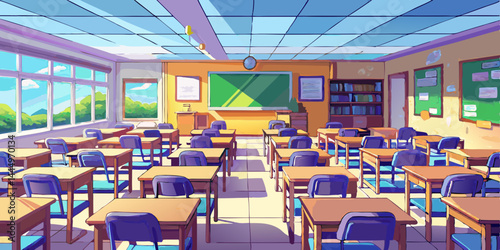 木製の机と黒板のあるアニメ風の教室のインテリア。大きな窓と空席が並ぶ明るい日本の学校の様子を、すっきりとしたアニメ風のイラストで表現しています。